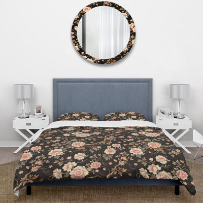Brown Pink Flower Garden Blooms II - Traditional Duvet Cover Set