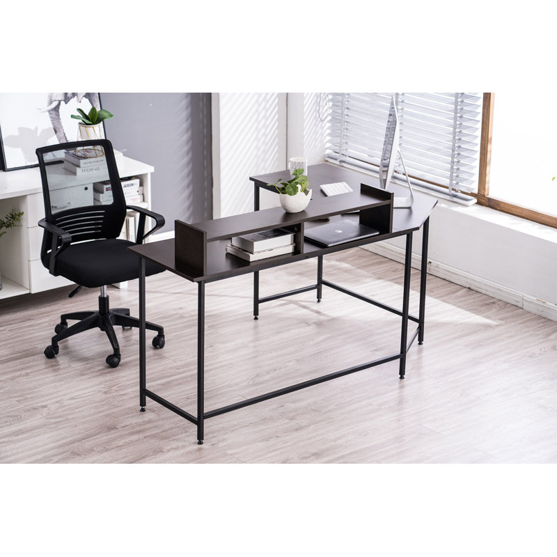 L-Shape Corner Writing Desk with with Monitor Stand, Ebony/Black