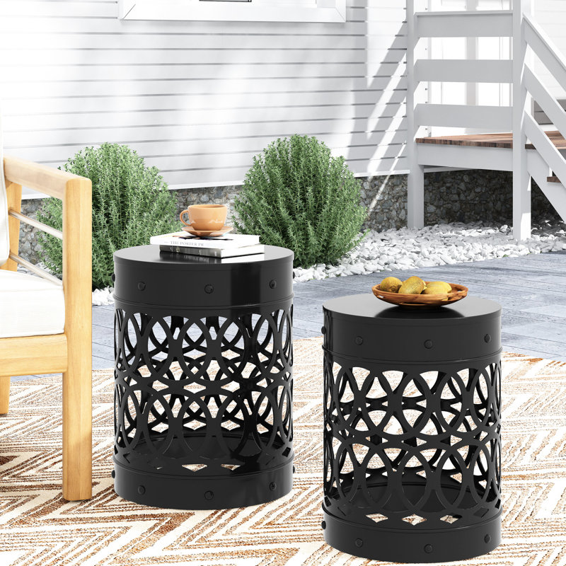 Modern Outdoor End Table - Iron Side Tables With Black Finish, Powder-Coated Frame, No Assembly Metal Chic Rustproof Assembly, For Garden Area