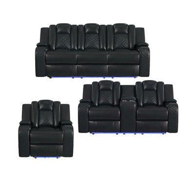 Woolf 3PC Living Room Set In Pebble Black-Sofa, Loveseat & Recliner