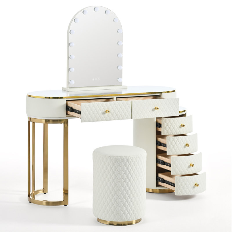 Luxury Makeup Vanity Desk with 3-Color LED Mirror & Stool, Adjustable Length Vanity Table with Movable Side Cabinet, 6 Drawers Storage, Marble-Look Sticker Top, PU Leather Drawers, Gold Stainless Stee