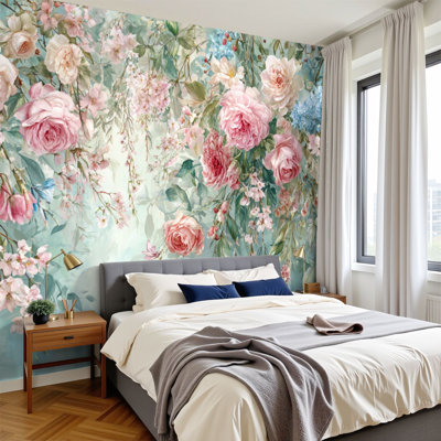 Boho Peel and Stick Wallpaper Calming Watercolor Garden Soft Cherry Blossoms Wall Murals 100"H x 144"W Removable PVC Wall Paper Self-Adhesive Wall Decor for Bedroom Living Room Nursery