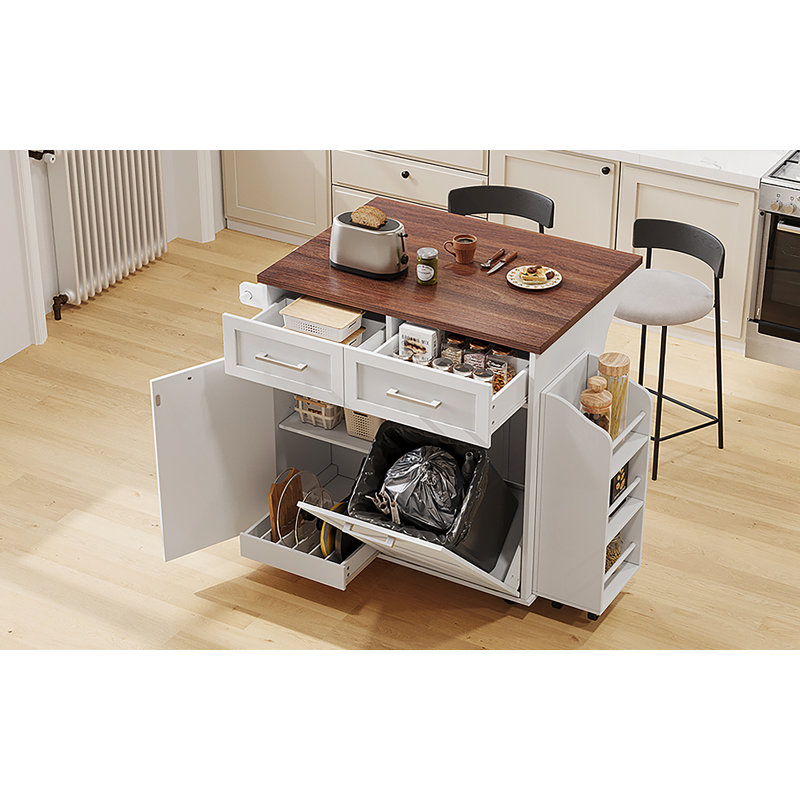 47.2" Farmhouse Kitchen Island With Drop Leaf, Kitchen Storage Island With Removable Side Racks, Two Drawers, Rolling Kitchen Cart On Wheels With Towel Rack, For Home, Kitchen, Dining Room, White