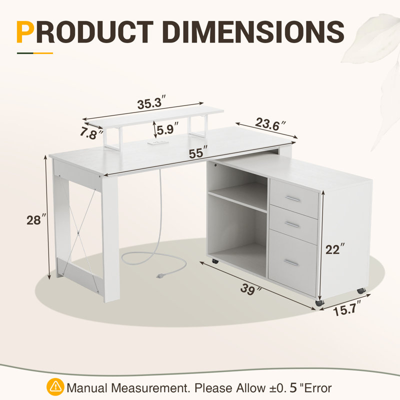 Djerf 55" L-Shaped Wood Computer Desk Multi-Functional Desk with Storage Drawers and Bottom Pulleys