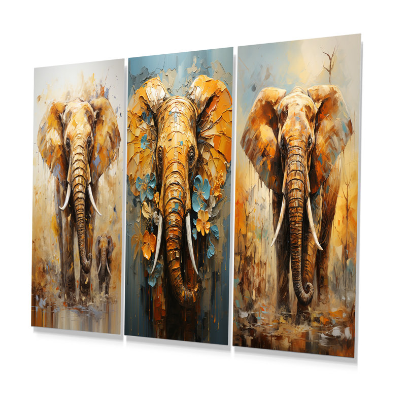 Éléphant, force symbolique, rêves - Éléphant, ensemble de 3 impressions sur métal, H 28 po x l 36 po