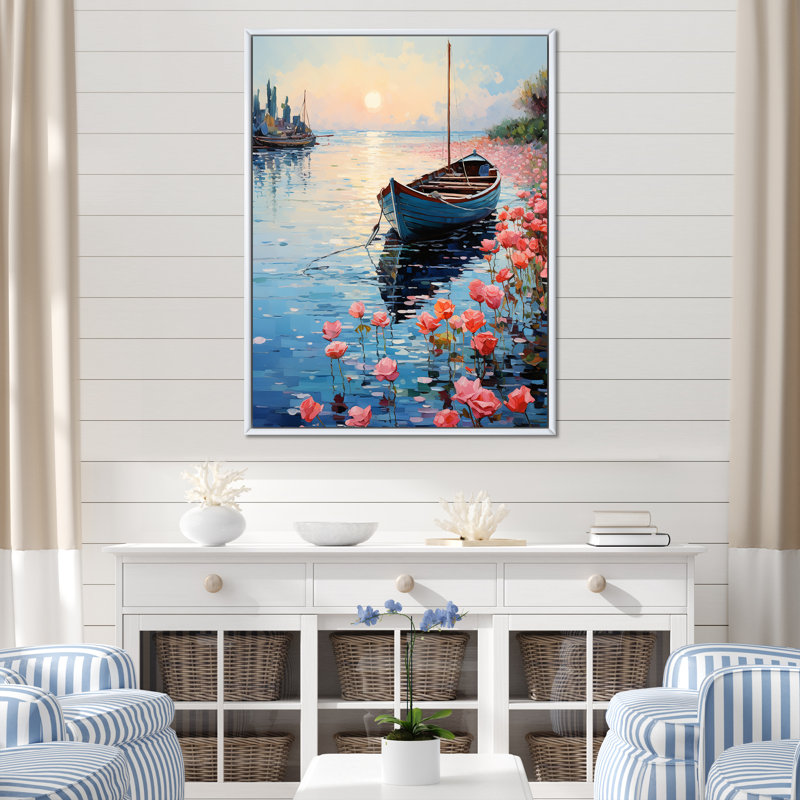 «Port Docked Memories Pointillism I» - Impression sur toile nautique et de plage, H 40 po x l 30 po x P 1,5 po