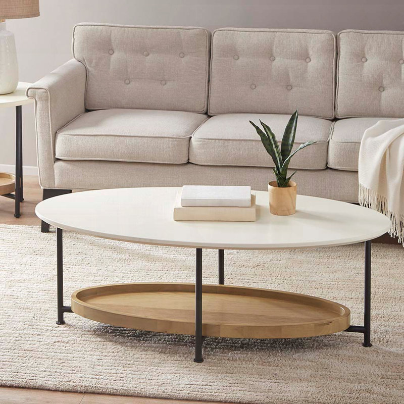 Table basse ovale avec plateau blanc et tablette naturelle - Base en métal