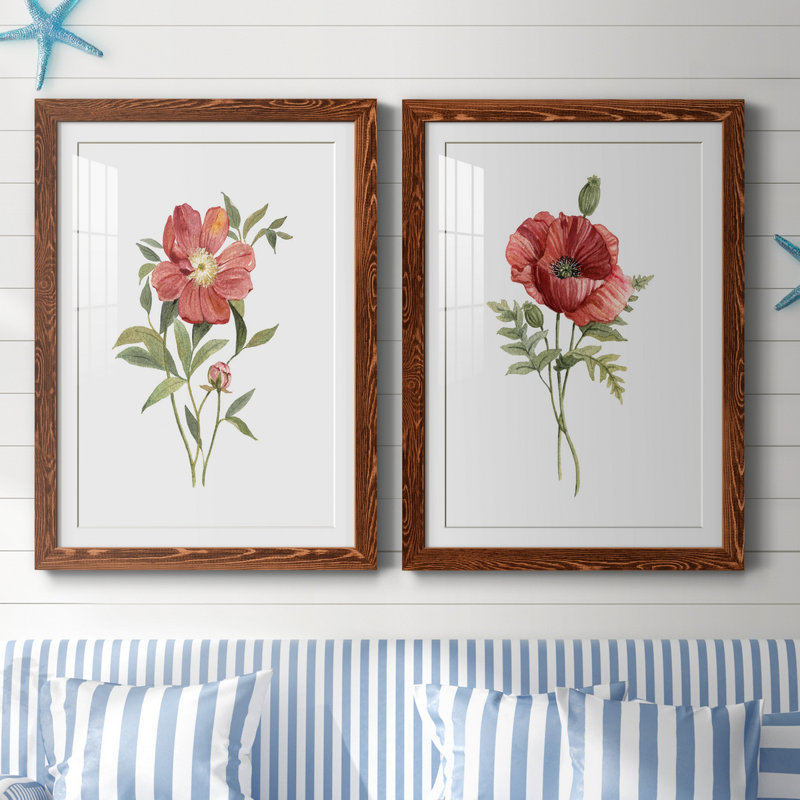 Pivoine écarlate - ensemble de 2 reproductions d'art, Papier avec cadre érable, Blanc, H 37,5 po x l 55 po x P 1,5 po