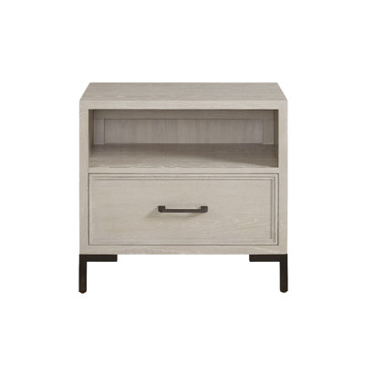 Bedy Nightstand, Drawer N Cubby, Black Metal, Antique White Oak Wood