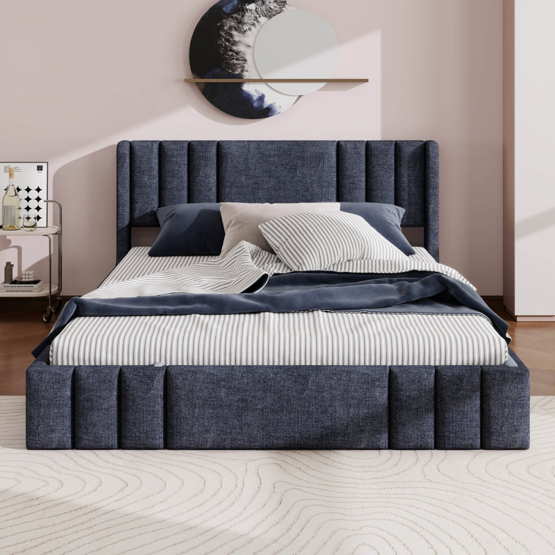 Lit plateforme tapissier avec tête de lit et lit bas à profil bas, Grand lit, Gris