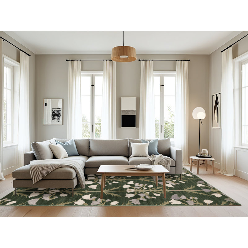 Machine Washable Botanical Green Area Rug, Rectangle 6' x 9'