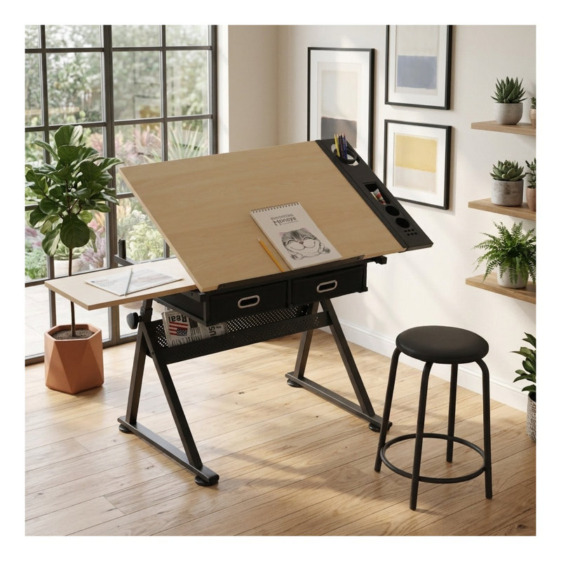 Table à dessin réglable avec plateau inclinable, 2 tiroirs et tabouret, bureau en bois aggloméré au fini érable sur structure en métal