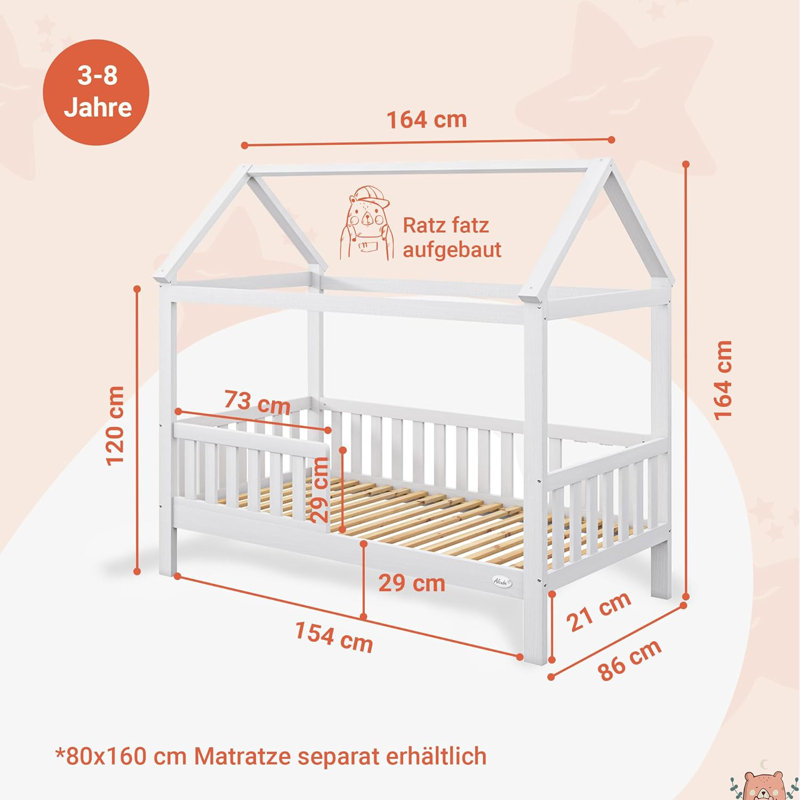 Alcube® Heim House Beds with Fall Protection and Slatted Frame, European Toddler (80 x 160cm), Standard, White