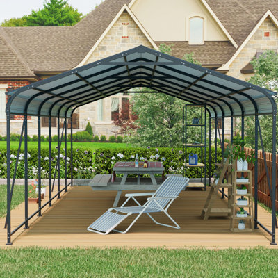 Abri d'auto robuste de 12 X 32 pi avec construction en acier galvanisé, 4 supports de tubes carrés inclinés fixes, pour les voitures, les camions, les bateaux et, un espace de rangement extérieur spacieux, un abri barbecue, un lieu de rassemblement,