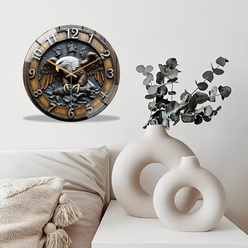 Horloge murale silencieuse en verre trempé de 30 cm, « Horloge murale Aigle au design réaliste 2D », sans tic-tac, fonctionne avec des piles (piles AA non comprises), décoration artistique pour la maison