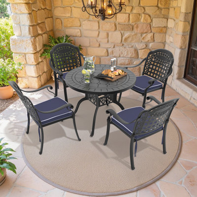 5-Piece 39.37-inch Round Table Cast Aluminum Outdoor Dining Set with Blue Cushions