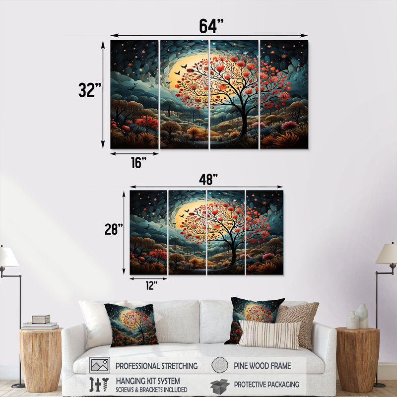 «Blue Horizon of Heart Trees Landscape I - Tree», art mural 4 pièces, H 28 po x l 48 po