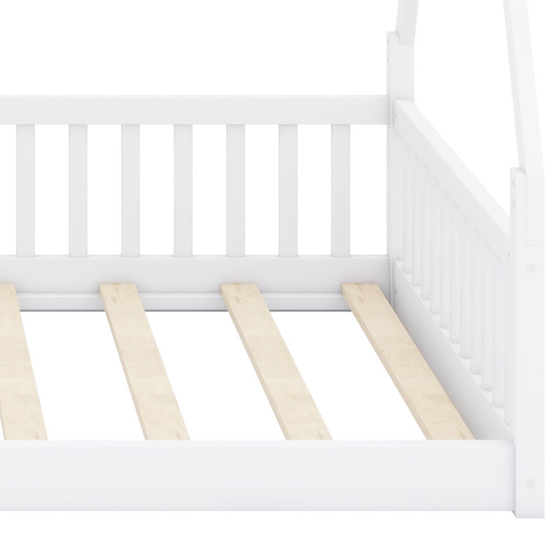 House-Shaped Bed With Integrated Fence Design, White