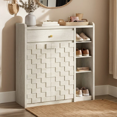 Large Shoe Cabinet with Doors, 8-Tier Tall Shoe Storage Cabinet with Drawer & 5 Adjustable Shelves, Tall Shoe Rack Organizer Cabinet with 4 Side Cubbies for Entryway, Hallway, White Oak
