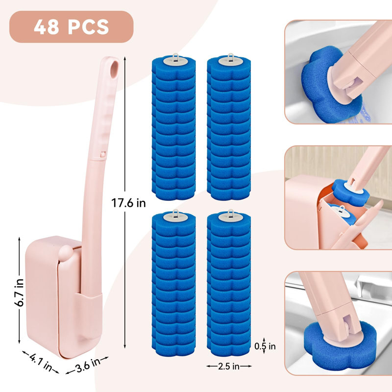 Trousse de démarrage de brosse de toilette jetable, support mural, 48 recharges, (rose)