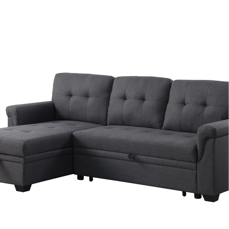 Canapé-lit modulaire réversible en lin avec méridienne avec rangement, Lin gris foncé, Orienté à droite, Noir