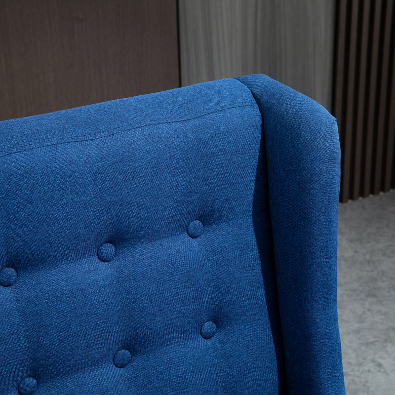 Blue Wingback Double Couch With Soft Cushion And Wood Frame Structure Elegant Linen Fabric Button Tufting Robust Legs,