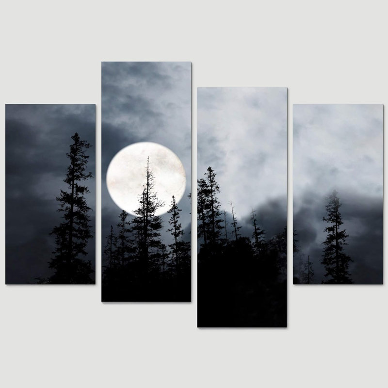 Lune nuit, forêt, paysage naturel pour salon, bureau à domicile, très grand ensemble de décoration murale sur toile, 4 pièces