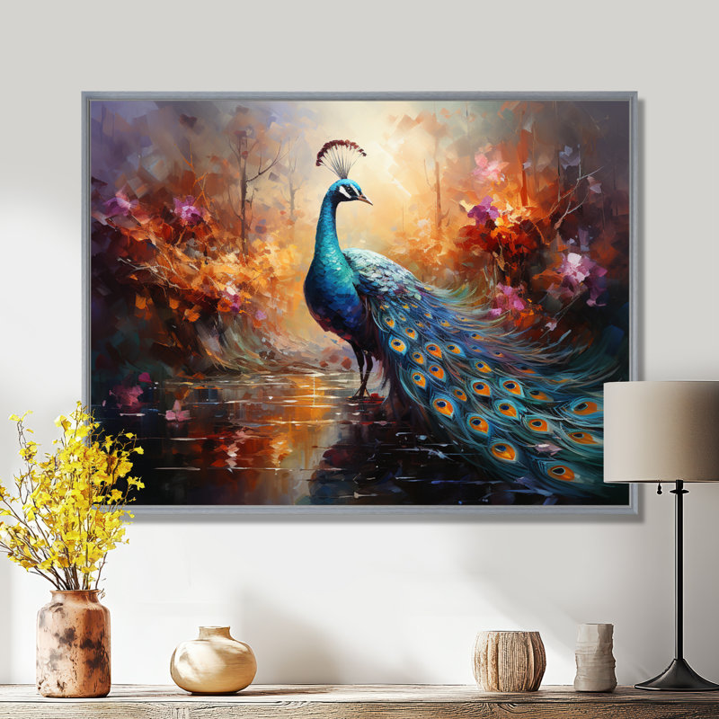 «Peacock Expressionist Portrait II», art mural sur toile paon, H 34 po x l 44 po x P 1,5 po, Encadrement argenté