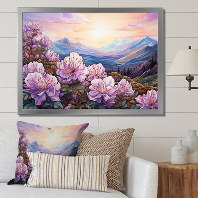 Champ de rhododendrons roses en montagne - impression