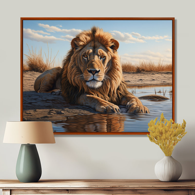Lion se reposant au bord de la piscine d'eau - impression d'art mural lion, Toile brune avec cadre flottant