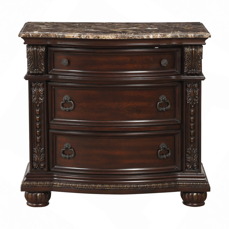 Gold Tipping European Design 1Pc Nightstand With Genuine Marble Top Traditional Bedroom Furniture 3-Drawers