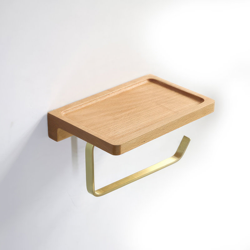 Kissena Modern Brass Toilet Paper Holder with Wooden Shelf, Beechwood/Gold