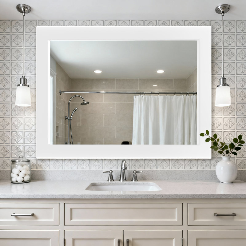 Miroir mural rectangulaire avec cadre profond et miroir de meuble-lavabo en verre trempé HD, 40 po x 30 po, Blanc