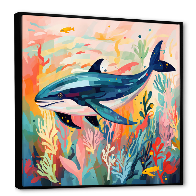 Baleine colorée sous l'eau majestueux - baleine, art mural, Cadre flottant noir, 36" H x 36" W