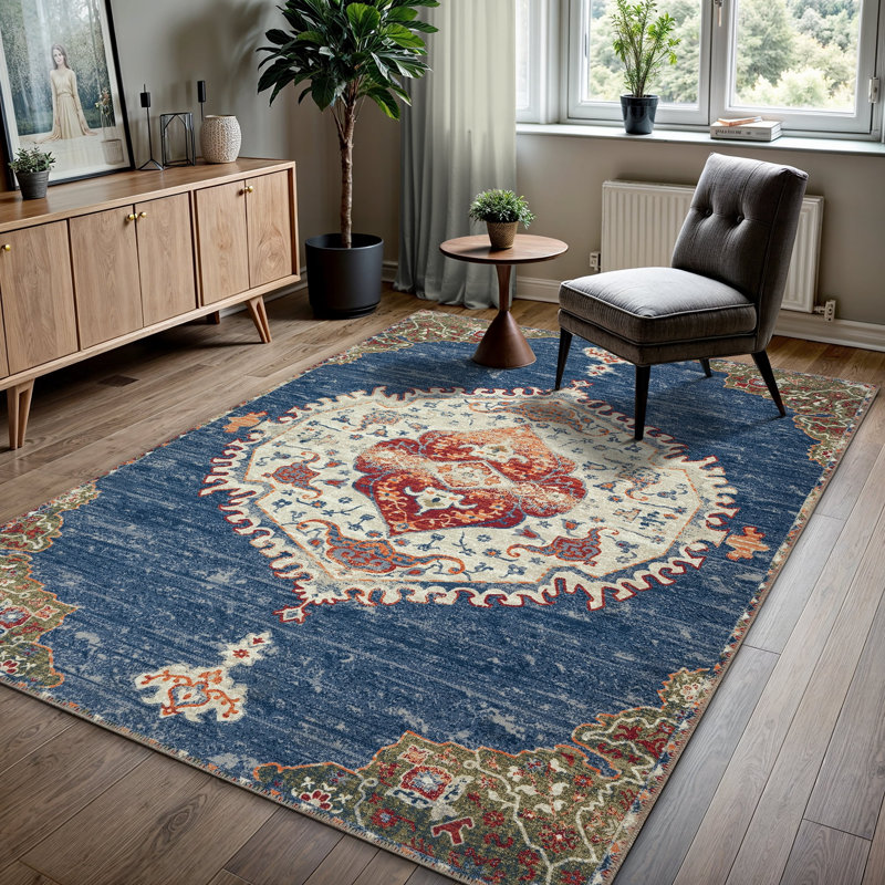 GLN Rugs Vintage Collection - Machine Washable Area Rug, Vintage Washable Rug, Non Slip Area Rug, Low Pile Living Room Rug, Bedroom Rug, Bathroom Rug - Easy Clean (Blue and Multicolor Rug)