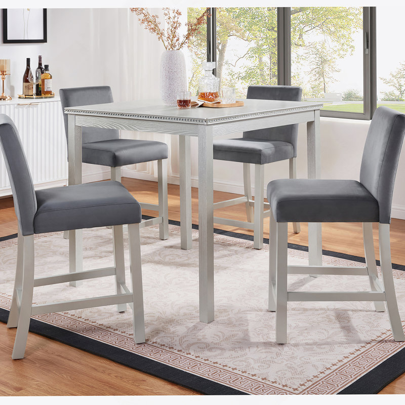 Ensemble de table 5 pièces à hauteur de comptoir, ensemble de table de cuisine en bois avec table carrée et 4 chaises rembourrées, ensemble de table de salle à manger à hauteur de comptoir avec décoration en cristal et ensemble de chaises, gris argenté