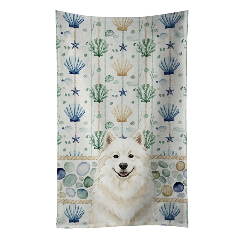Cream Samoyed Coastal Sea Glass Kitchen Towel, Cream Samoyed