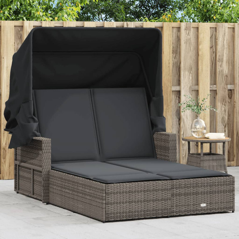 Double méridienne Vidaxl avec auvent et coussins en rotin de polyester, Noir, Gris