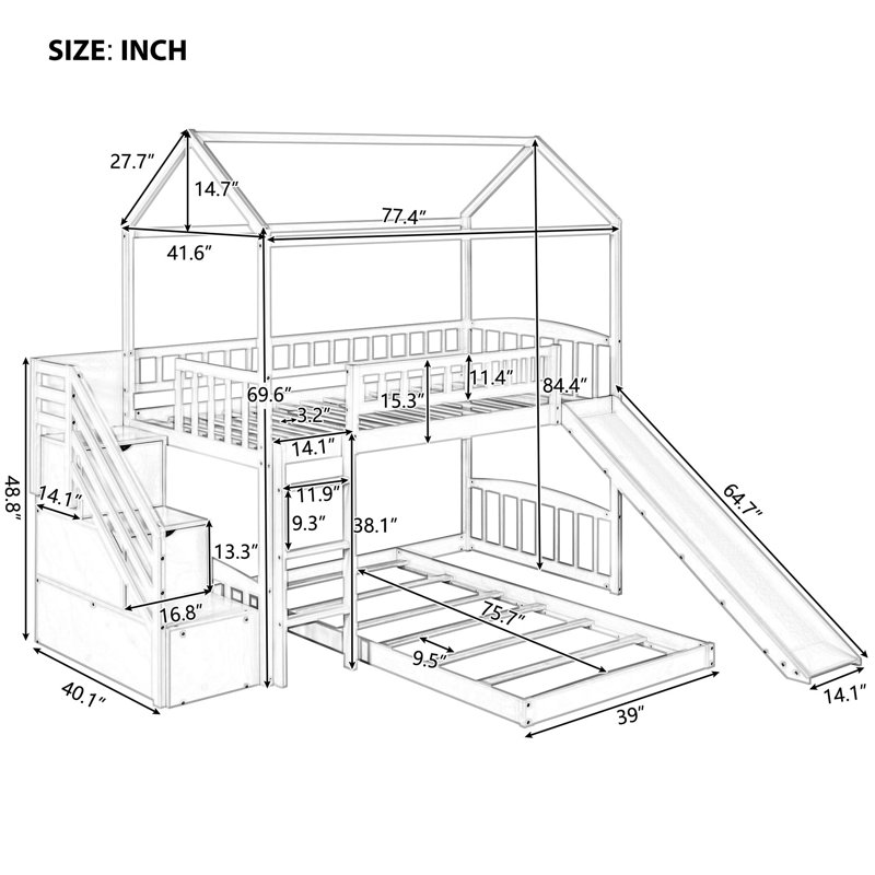 Twin Over Twin Bunk Bed With Two Drawers And Slide, House Bed With Slide, White, Gray