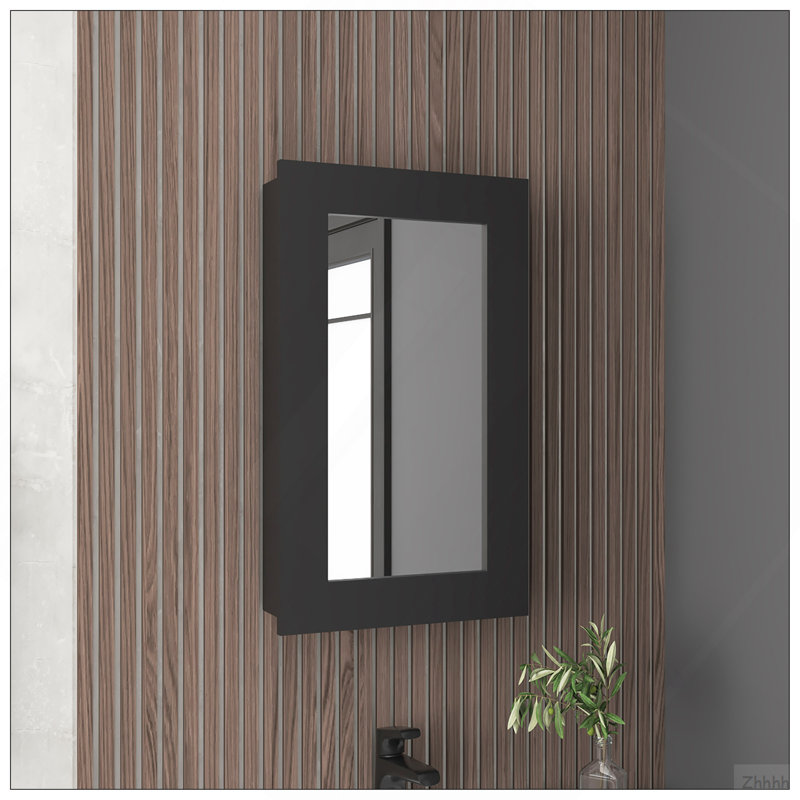 Juno 25.7" H X 15.7" W Narrow  Mirror Medicine Cabinet, One Door With Three Interior Shelves For Bathroom, Kitchen Black