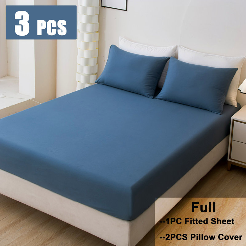 Solid Color Fitted Sheet Set - Blue Gray - Full (137x190 cm) (3PCS), Full, Teal Blue