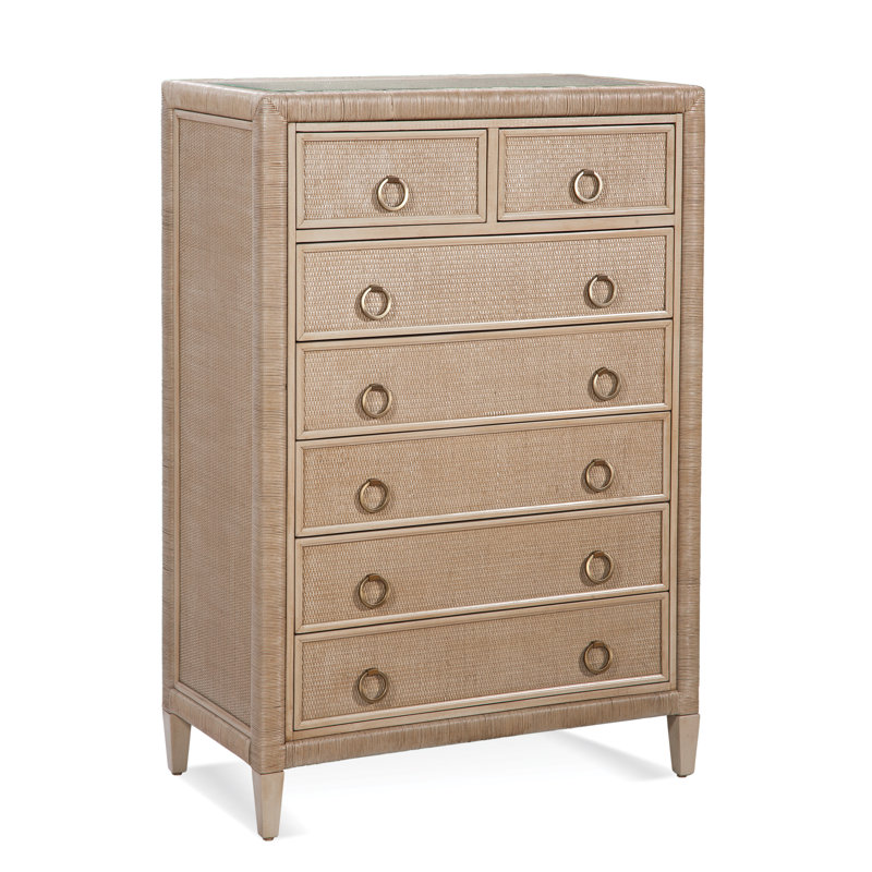 Sabal Bay 7 Drawer Wicker Chest, Bisque, Satin Brass
