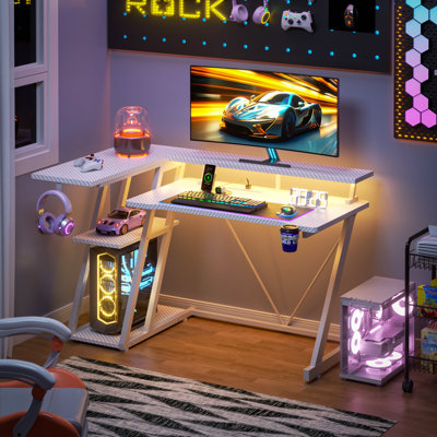 Shaped Gaming Computer Desk with LED Lights, Power Outlet, Monitor Stand, 3-Tier Storage Shelves & Carbon Fiber Surface, Gamer Desk