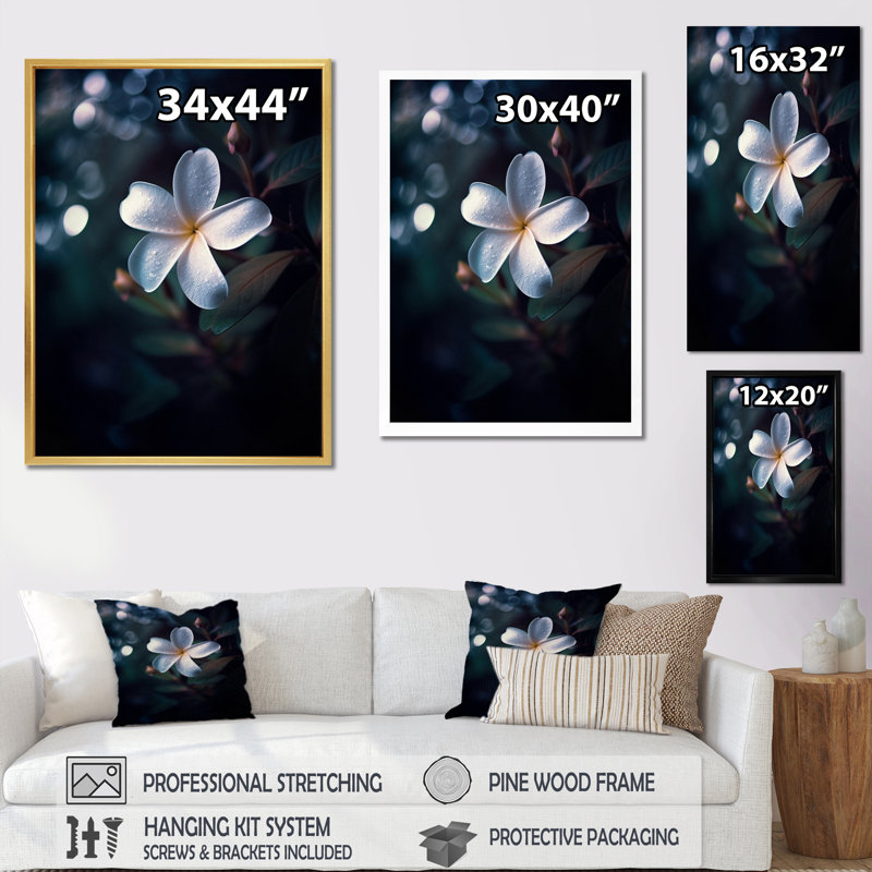 «White Black Exotic Plumeria Bloom I», reproduction sur toile, 32" H x 24" W, Cadre flottant noir