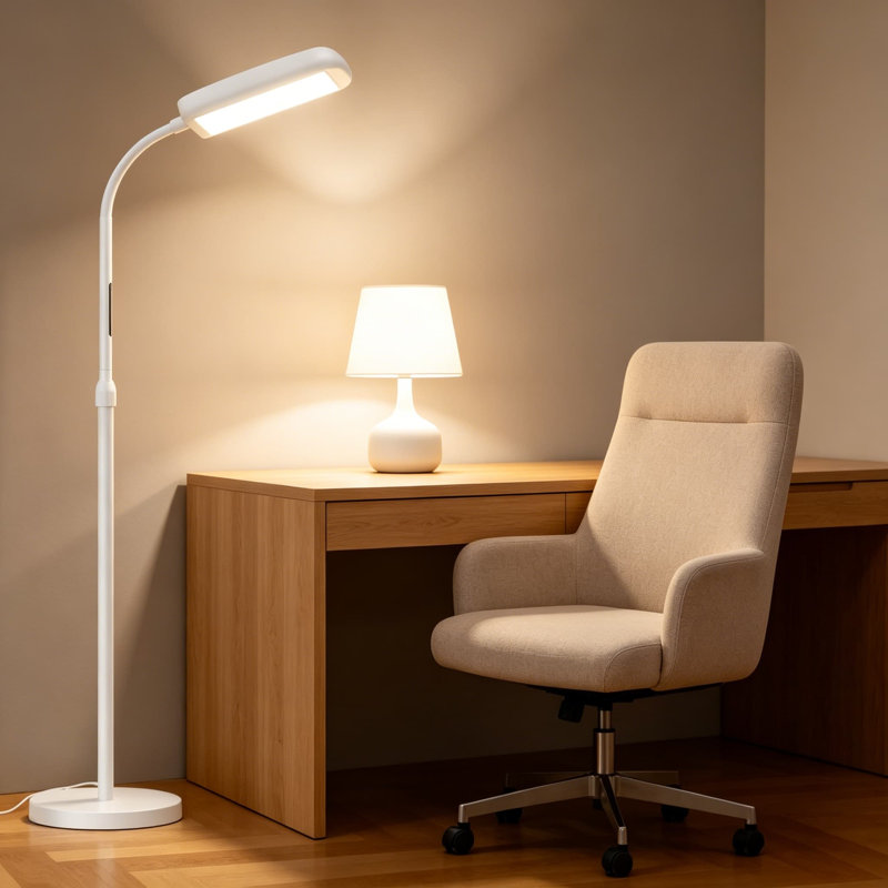 Lampe de luminothérapie sans UV 10 000 lux avec 5 températures de couleur et 5 niveaux de luminosité, lampe de plancher à col de cygne réglable avec minuterie et télécommande pour la maison et le bureau