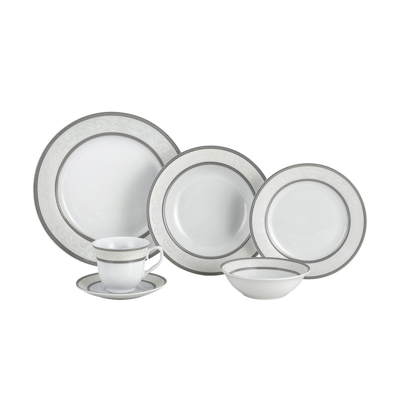 Silver Floral Porcelain 24-Piece Dinnerware Set, Service for 4
