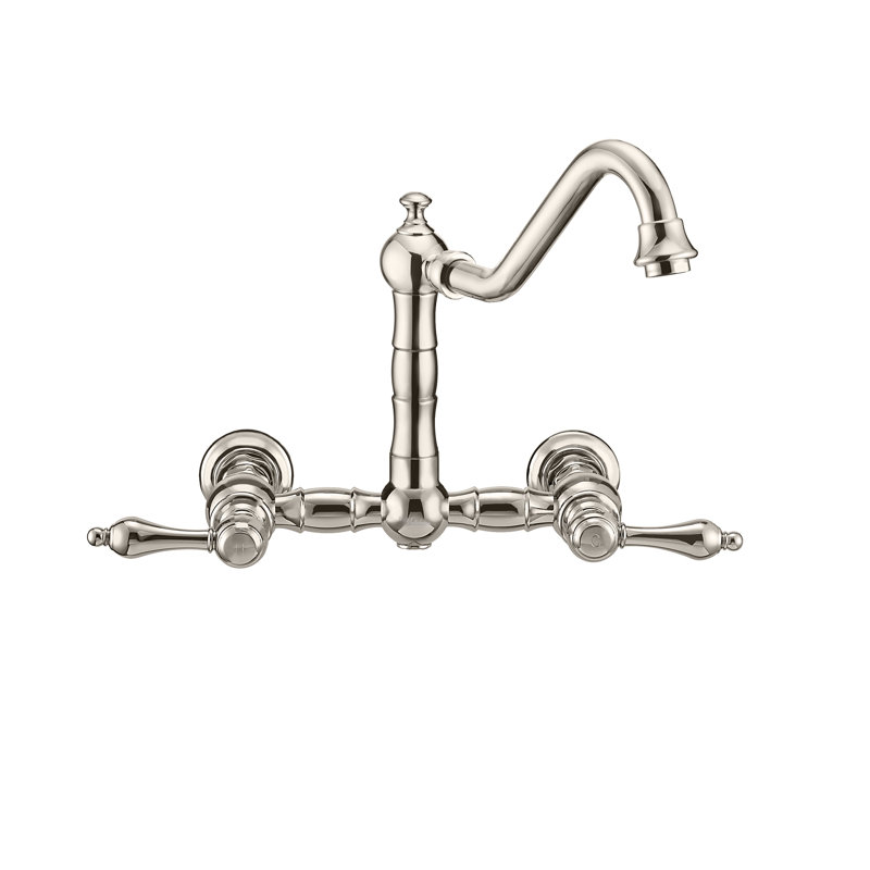 Whitehaus Wall Mount Faucet with Long Traditional Swivel Spout and Solid Brass Side Spray, Polished Nickel, Lever