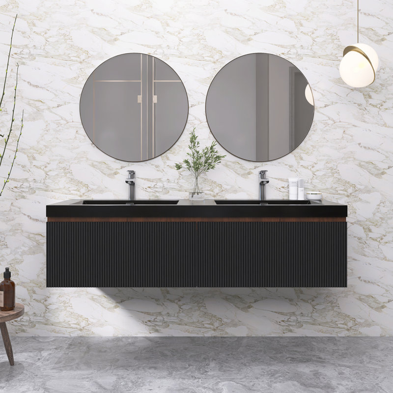 Meuble-lavabo moderne à rayures avec lavabo double, 59"