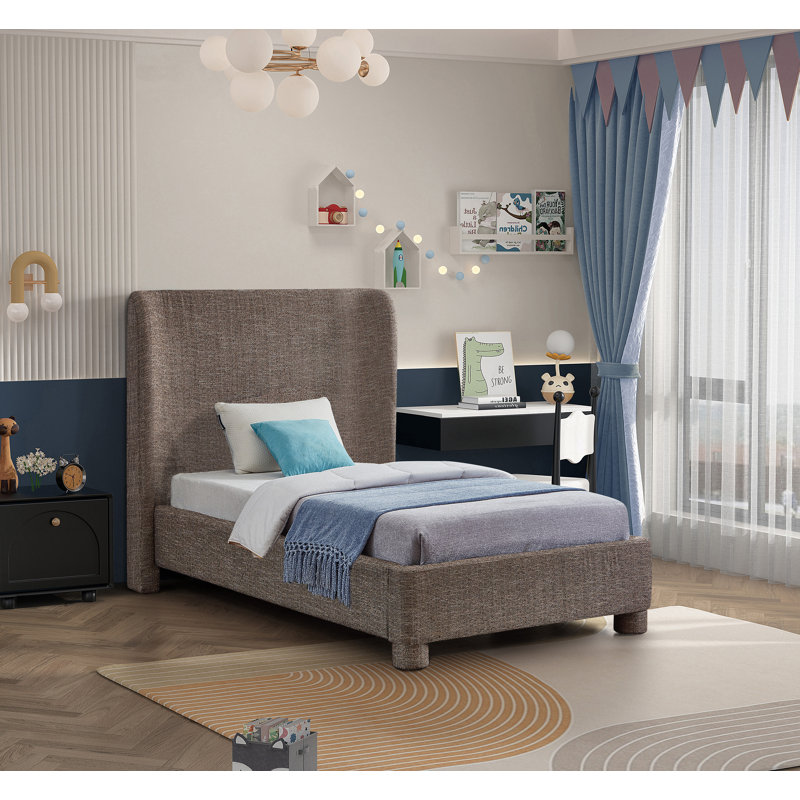 Kiria Upholstered Wingback Bed, Brown Linen Textured Fabric, Twin