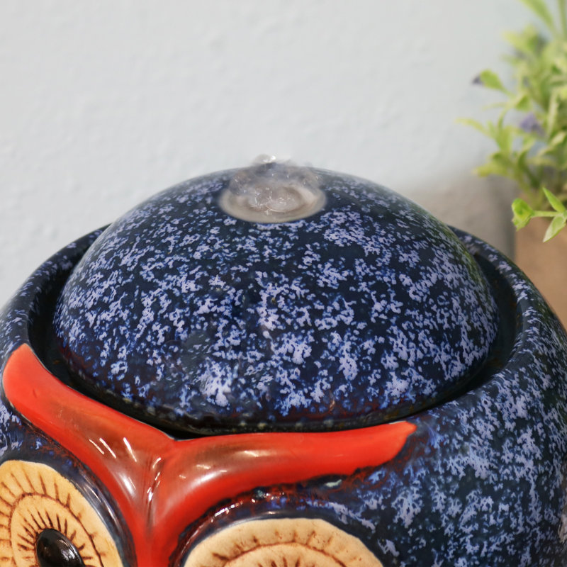 Whimsical Blue and Brown Ceramic Owl Tabletop Fountain